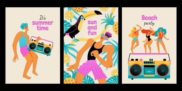 Набір Ілюстрацій Людьми Які Розважаються Пляжній Вечірці Насолоджуються Музикою Літом — стоковий вектор