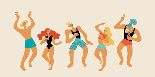 Εικονογράφηση Για Beach Party Banner Νέους Χορεύουν Και Πίνουν Κοκτέιλ — Διανυσματικό Αρχείο