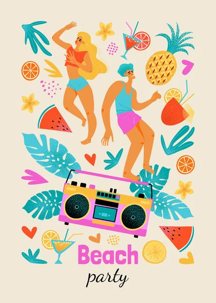 一个与跳舞的年轻人在海滩派对海报 磁带录音机和热带植物的说明 图像为复古风格 — 图库矢量图片