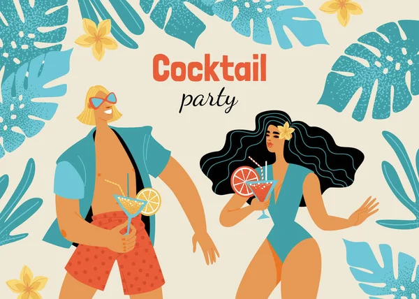 Illustration För Cocktailpartybanderoll Med Ungdomar Strandkläder Bild Retrostil — Stock vektor