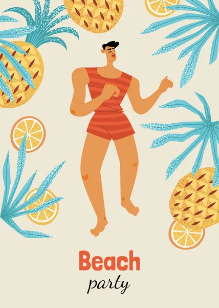 穿著复古泳衣与热带水果和树叶搭配的海滩派对传单 — 图库矢量图片