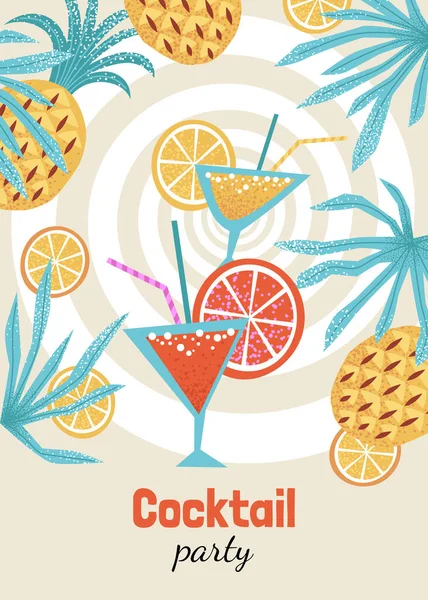 在热带水果和叶子的背景下 有两杯饮料的鸡尾酒会传单 — 图库矢量图片