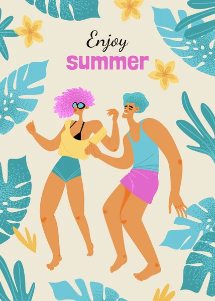 Flyer Fête Plage Avec Couple Dansant Sur Fond Plantes Tropicales — Image vectorielle