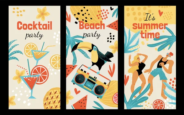 Uppsättning Vertikala Strandparty Illustrationer Med Dansande Ungdomar Toucan Bandspelare Cocktails — Stock vektor