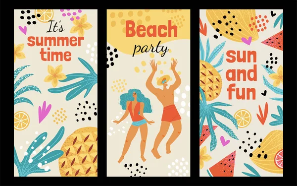 Набір Вертикальних Ілюстрацій Пляжної Вечірки Танцюючими Молодими Людьми Тропічними Рослинами — стоковий вектор