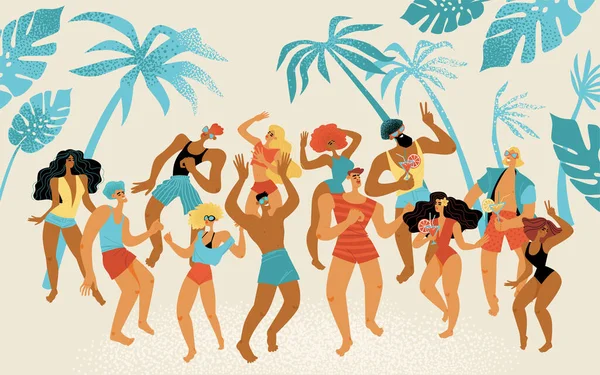 Πάρτι Στην Παραλία Νέοι Μαγιό Χορεύουν Και Πίνουν Κοκτέιλ Εικονογράφηση — Διανυσματικό Αρχείο