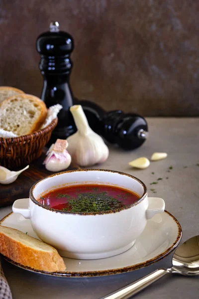 Beetroot Soup Herbs Garlic Background Old Wall Tasty Healthy Food — Foto Stock