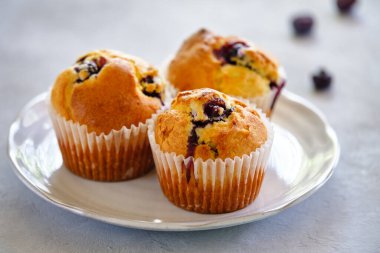 Gri arka planda yabanmersinli mis kokulu limonlu kekler.