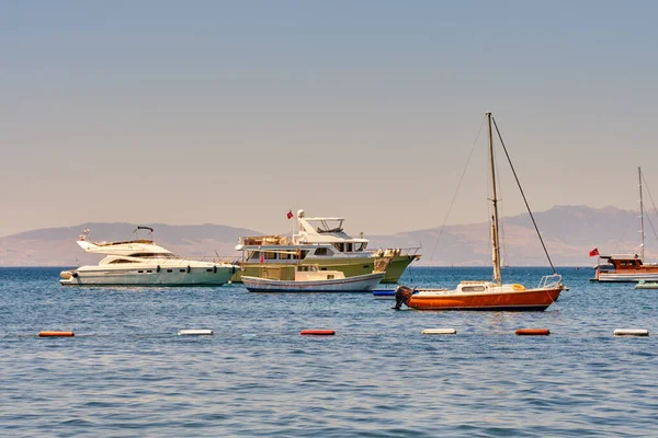 View of boats and yachts in the Aegean Sea from the Bodrum embankment, Turkey. Seascape