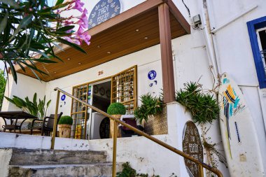 12 Temmuz 2022 Bodrum, Türkiye 'de renkli kapıları ve pencereleri olan renkli caddeler ve kıvırcık çiçekler