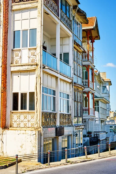 Beautiful and colorful old buildings in the Arnavutkoy region on the embankment of Bosphorus