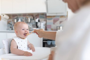 İlk önce bebekler beslenir, anne sürpriz bir bebeği kaşıkla besler. Yüksek kalite fotoğraf
