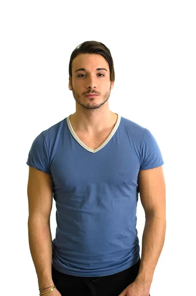 Handsome young man, muscular build, standing on white — Stock Photo, Image