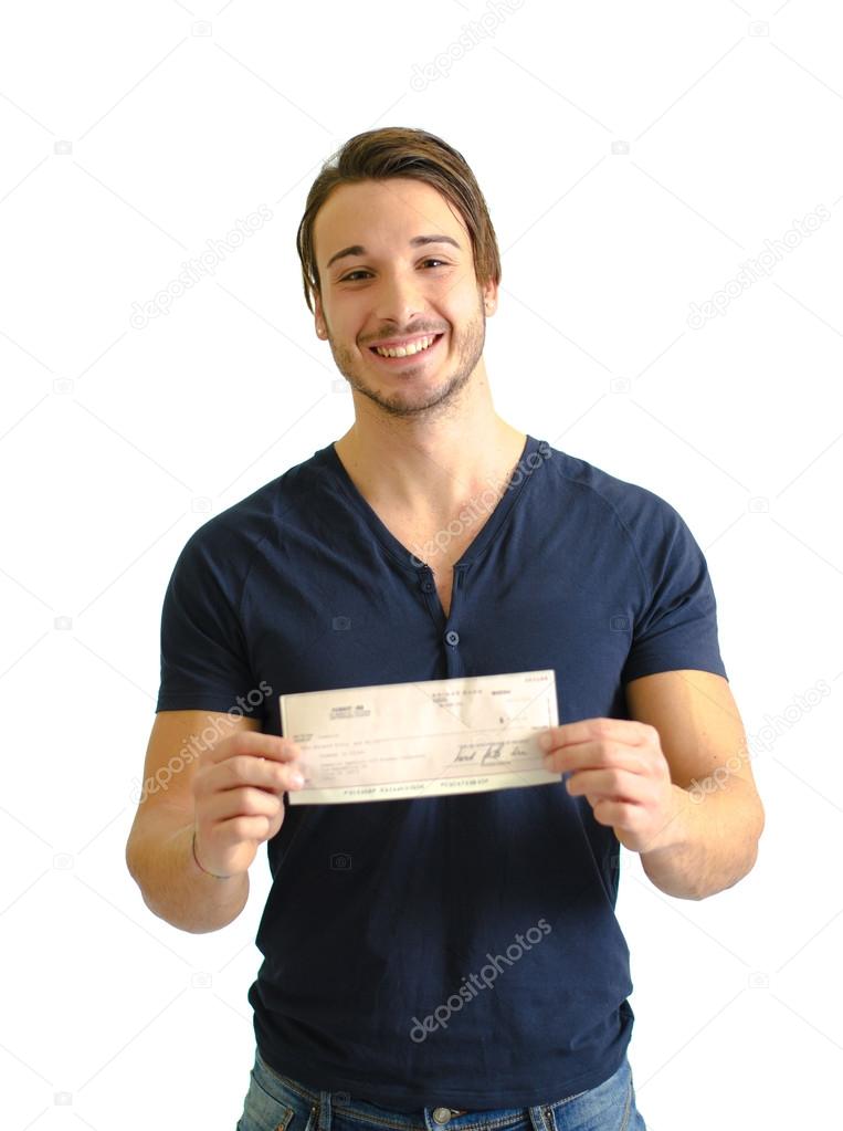 Smiling, happy young man with check