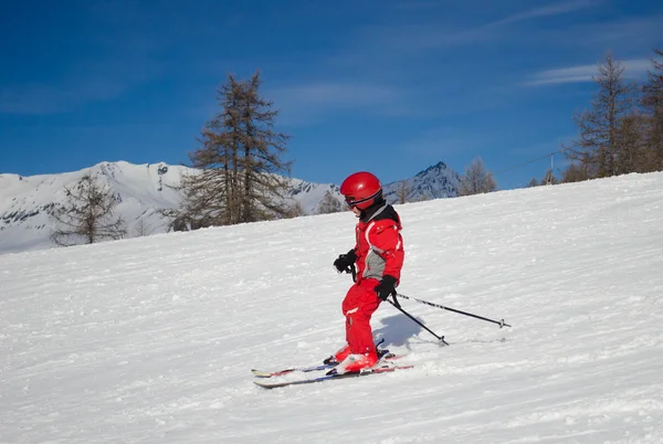 Barn skidor i en solig dag — Stockfoto