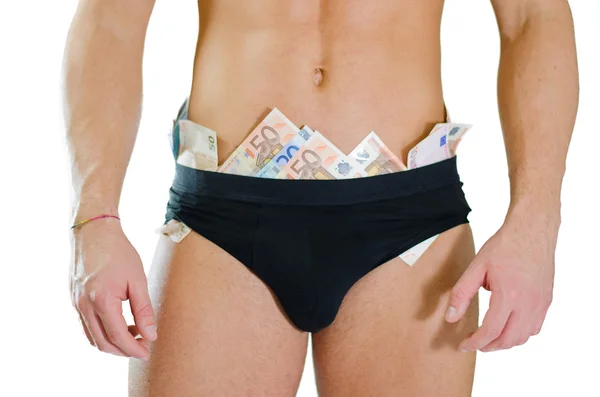 Close-up of male stripper underwear full of money banknotes — Stock Photo, Image