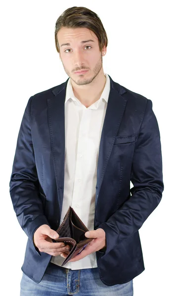 Rotto giovane uomo mostrando portafoglio vuoto — Foto Stock