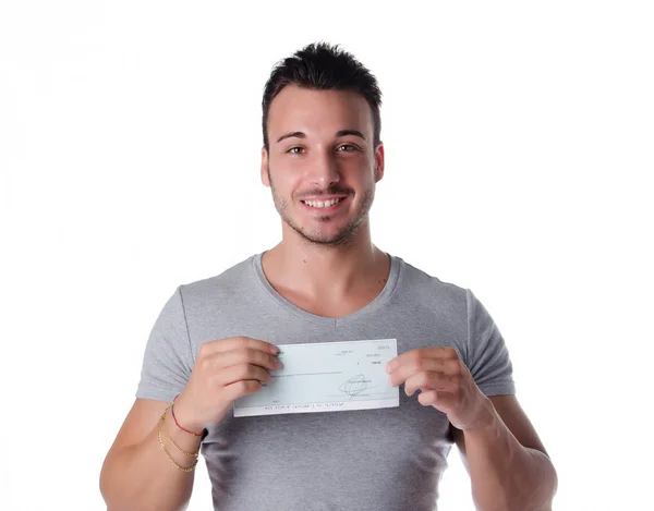 Lachende jongeman met check-in zijn handen — Stockfoto