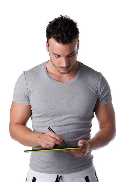 Beau jeune homme, dessin sur tablette graphique numérique — Photo