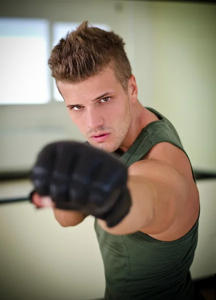 Boxer'ın eldivenli yakışıklı genç — Stok fotoğraf