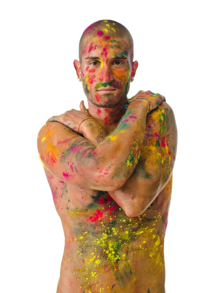 Knappe jongeman met huid alle geschilderd met kleuren — Stockfoto