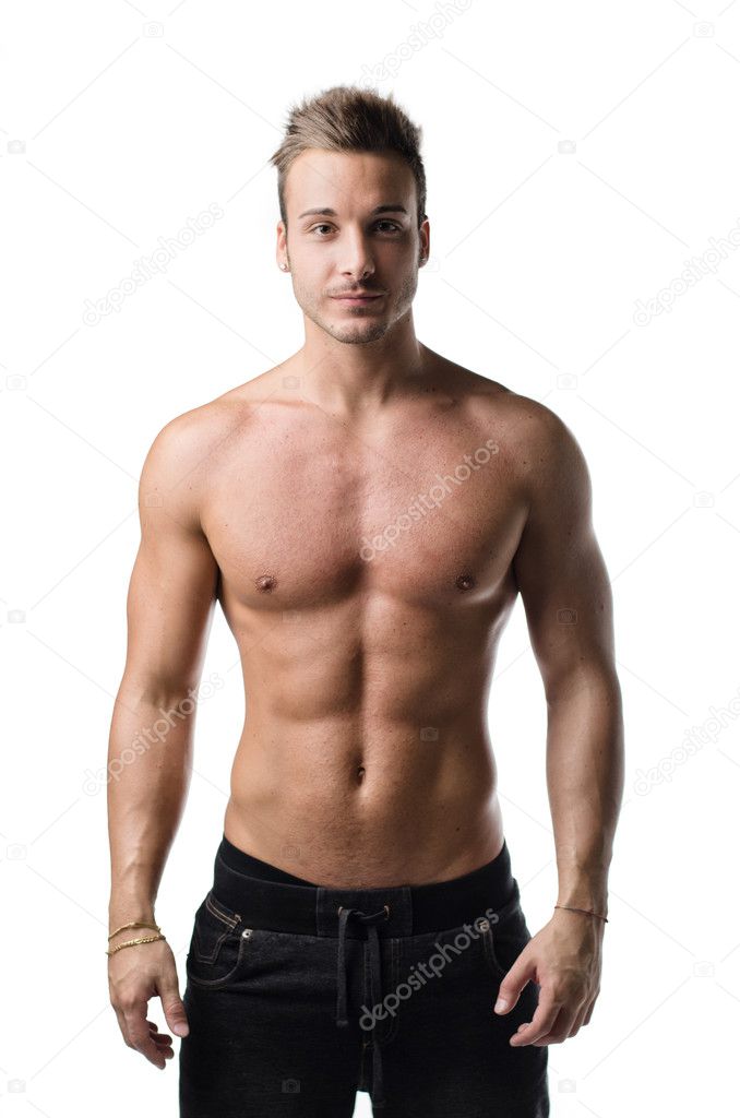 Handsome shirtless young man with muscular body, isolated