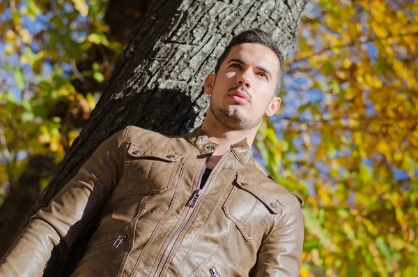 Joven guapo contra árbol en otoño — Foto de Stock