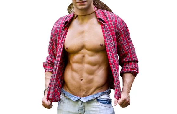 Muscular chest of male bodybuilder with open shirt, showing ripped body — Stock Photo, Image