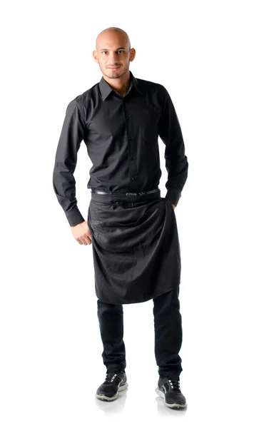 Handsome young restaurant or bar waiter, standing on white — Stock Photo, Image