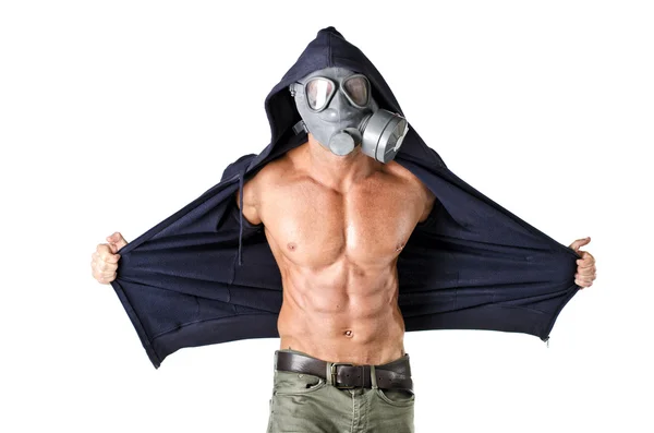 Muscular man wearing antigas mask, naked ripped torso — Stock Photo, Image