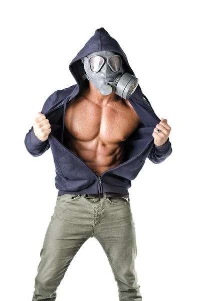 Muscular man wearing antigas mask, naked ripped torso — Stock Photo, Image