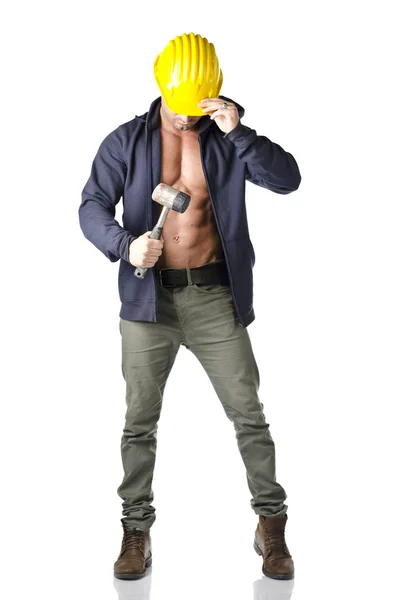 Trabajador de la construcción muscular, atractivo con sudadera abierto, aislado — Foto de Stock