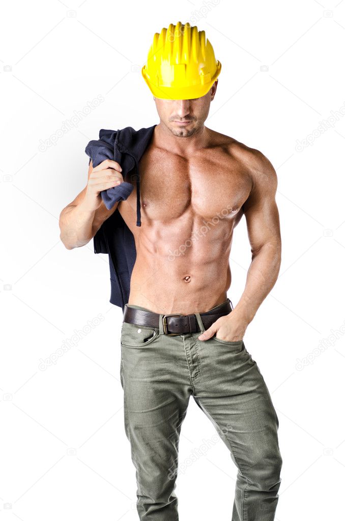 Attractive, muscular construction worker shirtless, isolated