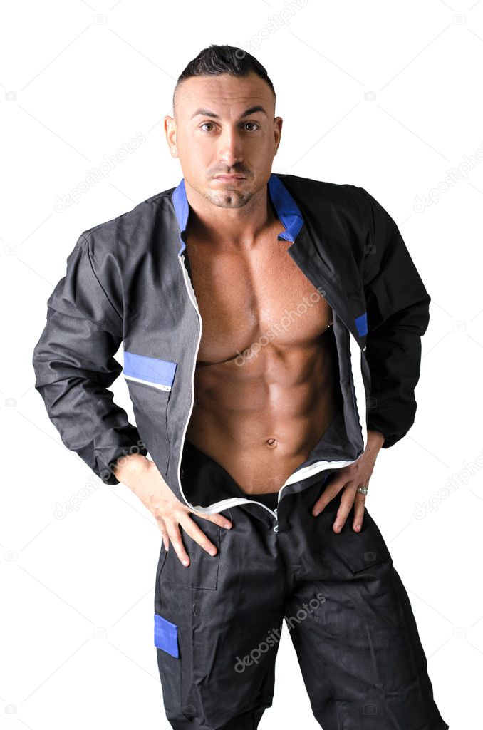 Bodybuilder mechanic opening coverall to show muscular body