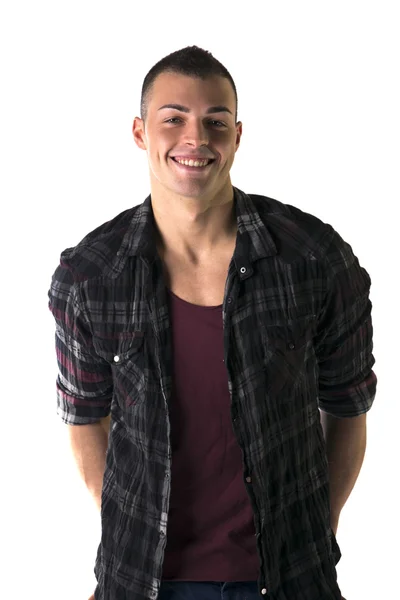 T-셔츠와 체크 무늬 셔츠와 웃는 젊은 남자 — 스톡 사진