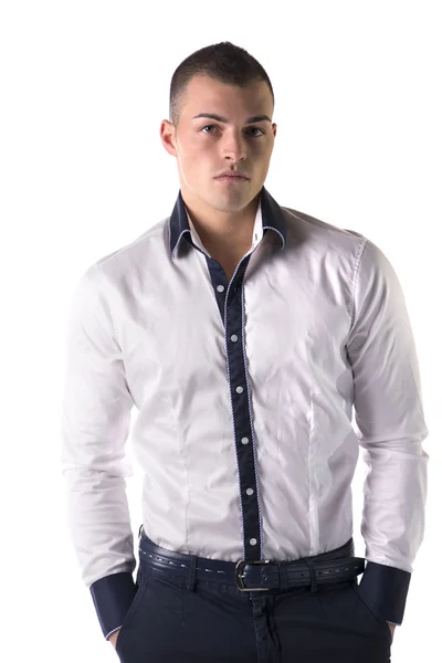 Attractive young man white shirt and blue pants — Stock Photo, Image