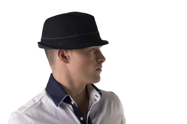 Profile view of attractive young man with fedora and white shirt — Stock Photo, Image