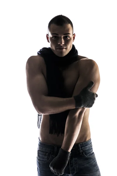 Attractive shirtless young man with wool winter gloves and scarf — Stock Photo, Image