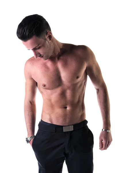 Handsome, fit young man shirtless with black pants, isolated — Stock Photo, Image