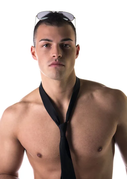 Jovem sem camisa atraente com laço preto, isolado em branco — Fotografia de Stock