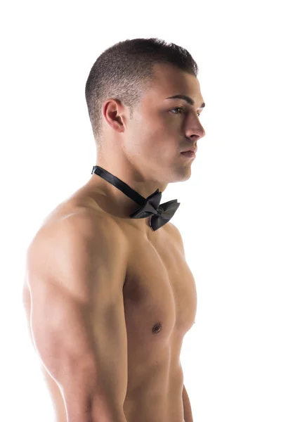 Attractive shirtless young man with black bow-tie, isolated — Stok Foto