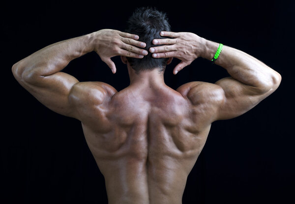 Young muscular bodybuilder's back, hands behind his head