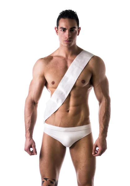 Male beauty contest winner with white ribbon on shoulder — Stock Photo, Image