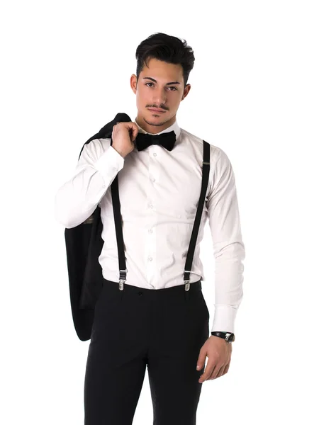 Stilig eleganta ung man med kostym, bow-tie och mustasch — Stockfoto