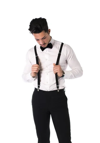 Handsome elegant young man with suit, bow-tie and moustache — Stock Photo, Image