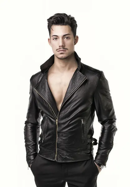 Attractive young man with leather jacket on naked torso — Stock Photo, Image