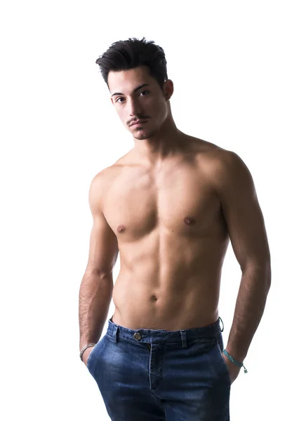 Athletic shirtless young man in jeans, with moustache — Stock Photo, Image