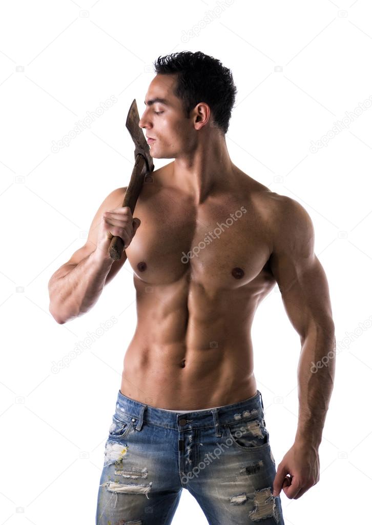 Male muscular shirtless bodybuilder holding axe
