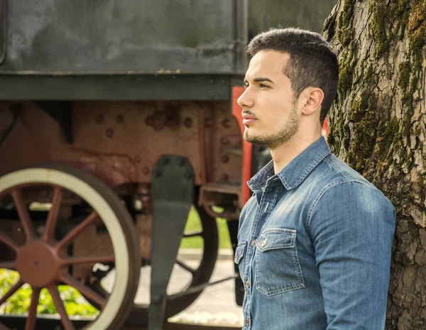 Profile of young man in denim shirt near old train, against tree — Foto de Stock