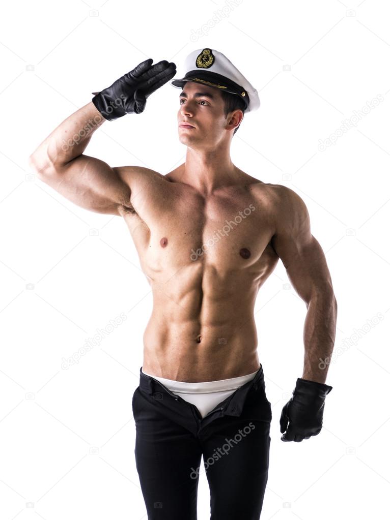 Muscular shirtless male sailor with nautical hat